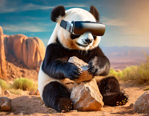 Obraz premium An extravagant Panda sitting in the middle of the arid desert while wearing an augmented reality headset and holding a large stone between his paws. Concept of wild life conditioned by humans.