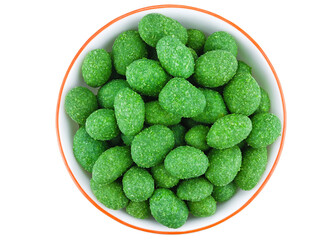 Bowl of peanuts in wasabi glaze isolated on a transparent background. Top view.