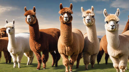 Alpacas animals banner panorama long Collection close up portrait headshot head of cute sweet funny laughing smiling group of alpaca vicugna pacos isolated on white background, Generative Ai