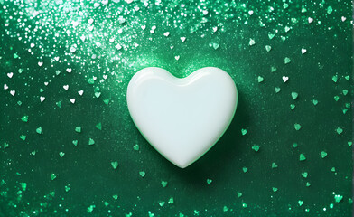 Fototapeta premium A small white heart on a sparkling soft green background. Generative AI