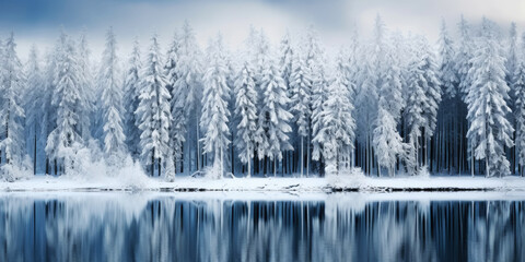 Obraz premium Rows of pines in snow on the lake edge. Serene winter landscape. Generative AI