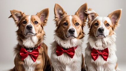 Three cute puppies, each with a red ribbon on their head, beautifully express the joy and love of Valentine's Day. One is donning a heart-shaped