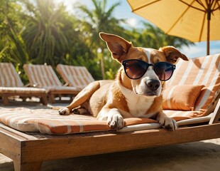 A dog in sunglasses sunbathes on a sunbed