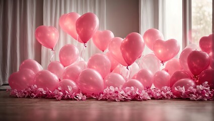 An exquisitely lovely A charming display of transparent balloons with soft, ethereal lights shining through each one in the shape of a heart.