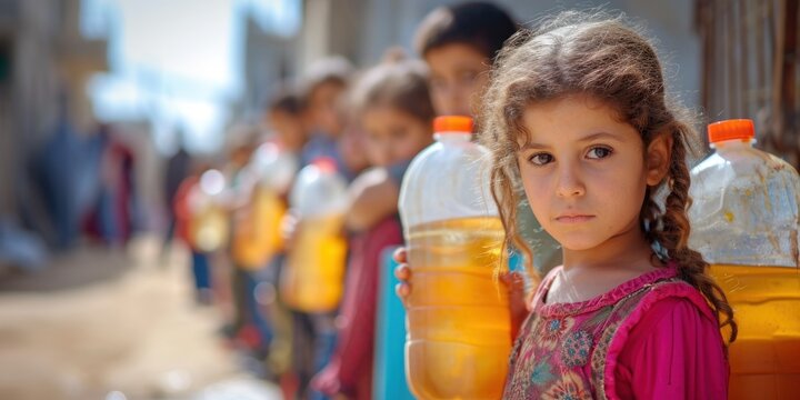 Children from Palestine wait in line for water to drink. Generative Ai.