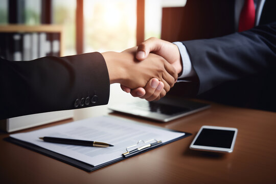 Close up image of two business people shaking hands after signing a contract while sitting at the wooden desk