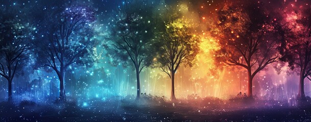a colorful painting of trees with stars and lights, in the style of misty gothic, impressive...