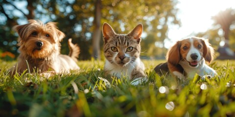In the park, a dog and a cat play. Generative Ai. - obrazy, fototapety, plakaty
