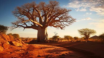 Close-up of a baobab tree against a desert background. Scorching heat, sunshine. Desert landscape. Generative AI