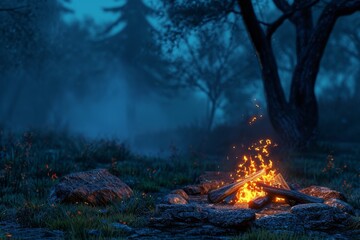 campfire is the focal point, it’s surrounded by rocks and emits a warm glow amidst the darkness - obrazy, fototapety, plakaty