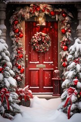 close up of a beautiful lush large christmas wreath on a white front door. ai generated