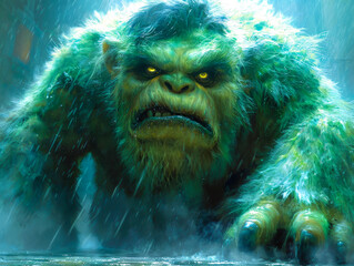 A large, green, furry creature with glowing eyes emerges from the mist, creating an atmosphere of suspense and mystery.
