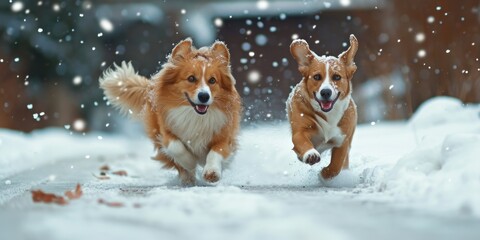 Fototapeta na wymiar In winter, a contented dog and cat gallop through the snow. Generative Ai.