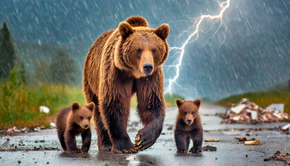 A Brown Bear with her cubs are walking on an asphalt road while it's raining, with only collapsed buildings around them. Lightning strikes the ground. Coexistence between wild nature and human beings.