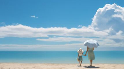 Back view of young mother and her little daughter are looking at seascape at sunset, summer vacation concept