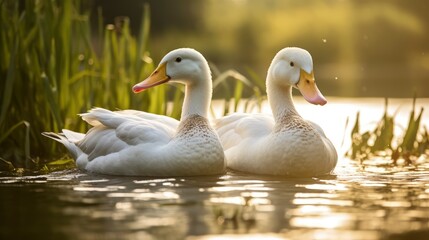 Obraz premium Two Ducks Gracefully Floating on a Serene Lake