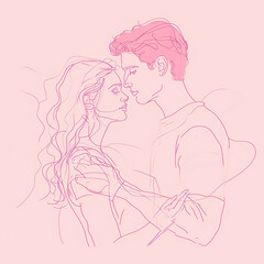  happy valentines day,pink line art couple hugging each other, pink background