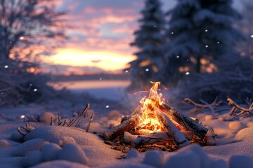 fire is encircled by rocks and illuminates its immediate surroundings casting a glow on the snow - obrazy, fototapety, plakaty