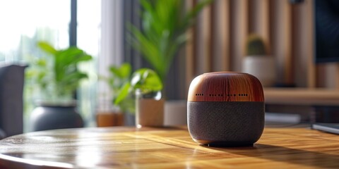 An close-up of a clever wireless portable speaker. Generative Ai. - obrazy, fototapety, plakaty