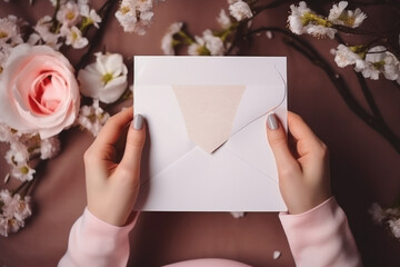Obraz premium girl holding an invitation card against a gentle spring natural background, blank space for text