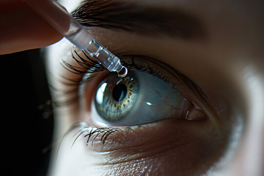 Close-up of eye drops being instilled into a person's eye.
