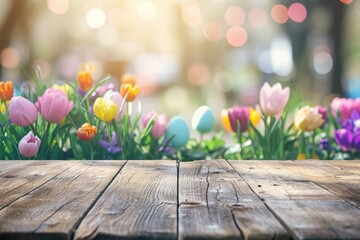 Elevate your product presentations with the rustic allure of empty wooden tabletop, encapsulating Easter traditions concept. Soft focus on blooming flowers enhances the festive ambiance. Generated AI