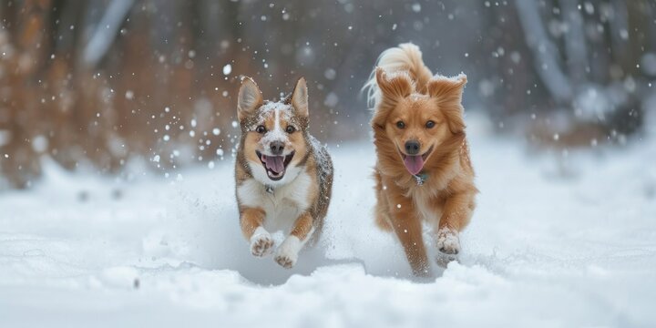 In winter, a contented dog and cat gallop through the snow. Generative Ai.
