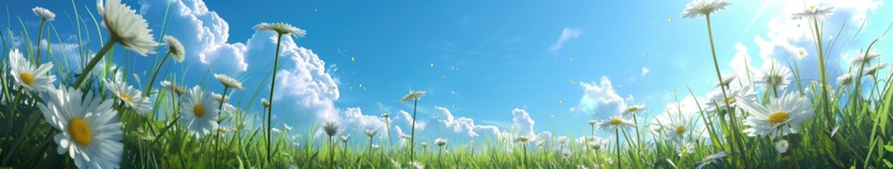 White Flowers in a Field of Grass Under a Blue Sky