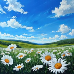 Painting of Daisies in Field of Grass