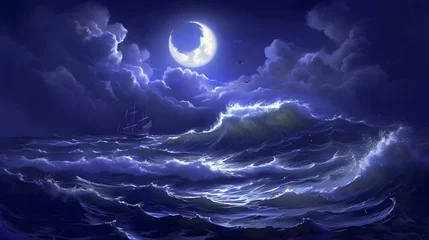 Gordijnen Waves on the ocean, moon in the sky, Ocean waves under the moonlight. © MdArif