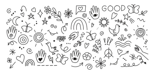 Set of cute pen line doodle element vector. Hand drawn doodle style collection of speech bubble, arrow, firework, star, heart. - obrazy, fototapety, plakaty