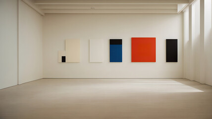empty room with orange, black blue and white simple square art, empty space , relaxing area
