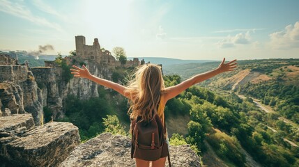 Behind a girl standing in front of an ancient castle