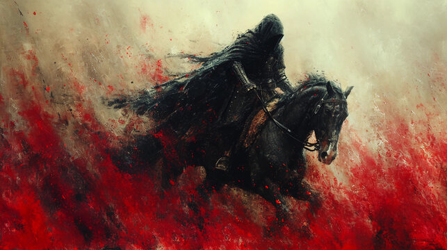 A Rogue or Assassin Riding a Black Horse Dreary Medieval Grunge Fantasy Art Painting
