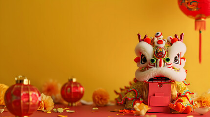 Fototapeta premium Chinese New Year seasonal social media background design with blank space for text. Cute dancing dragon doll with Chinese red envelope on blurred Chinese red lanterns and yellow background.