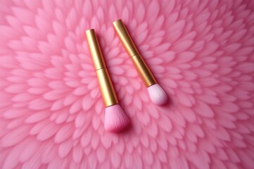 Two pink makeup brushes on a pink background with pink floral abstract patterns, flat lay. Beauty cosmetic makeup product layout. Creative fashionable concept