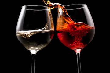 Drinks and beverages concept. Two transparent classic form and shape drinking glasses filled with white and red wine making cheers gesture on black background with copy space