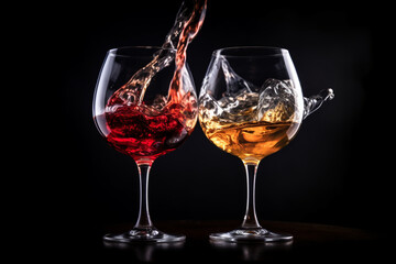 Drinks and beverages concept. Two transparent classic form and shape drinking glasses filled with white and red wine making cheers gesture on black background with copy space