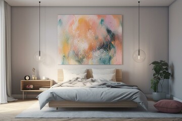 Bright indoor space with a sunlit bedroom and a mockup of artwork on the wall. Rendered and illustrated in 3D. Generative AI