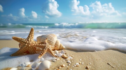 Fototapeta na wymiar Starfish on Sandy Beach, Next to Ocean