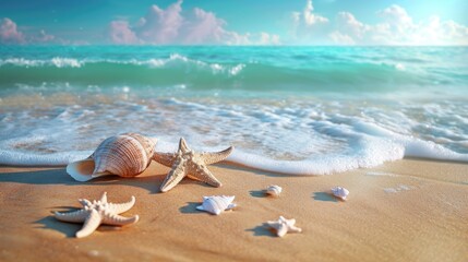Fototapeta na wymiar Seashells and Starfish on a Sandy Beach