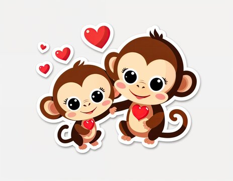 In the image, there are two monkeys, one larger and one smaller, both holding red hearts. They are depicted in a cartoon style and are positioned close to each other.