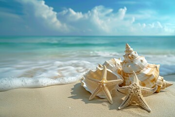 Fototapeta na wymiar Two Starfish and a Seashell on Sandy Beach