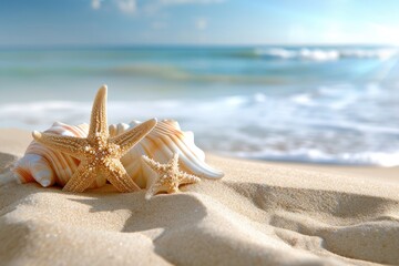 Fototapeta na wymiar Starfish on Sandy Beach With Ocean Background