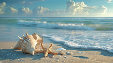 Fototapeta na wymiar Seashell and Starfish on Sandy Beach