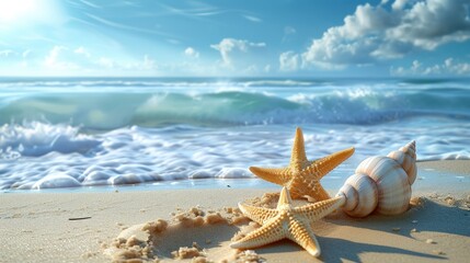 Fototapeta na wymiar Starfish and Seashell on Sandy Beach