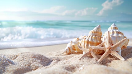 Fototapeta na wymiar Starfish and Two Seashells on Sandy Beach