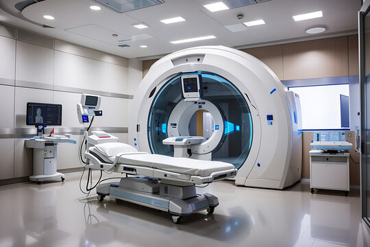 High-tech modern CT scan room in the modern hospital design.