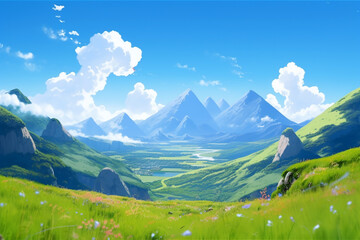 Landschaft im Anime Manga Stil von der Sonne beschienen