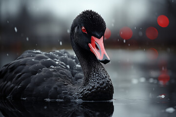 Black swan Cygnus atratus with red eyes swimming on the lake close-up portrait with rain and red bokeh on the background. A metaphor for financial crisis or unexpected events